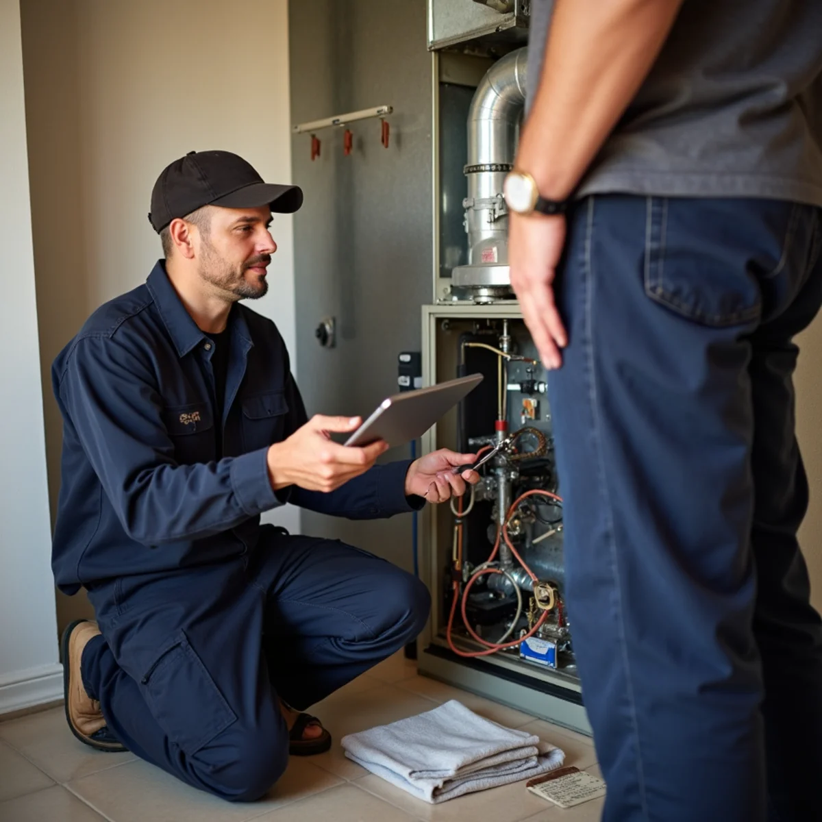 Technician reviewing a furnace diagnosis and repair price on a tablet with a Blue Bell homeowner before work starts