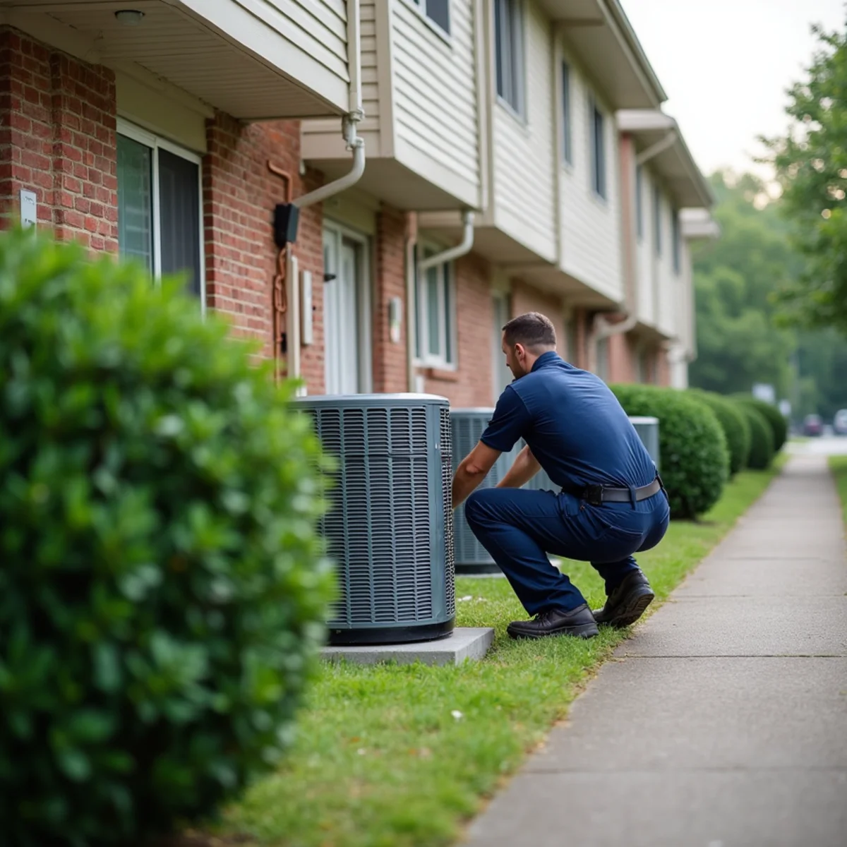 Row of AC condensers beside townhomes in a Blue Bell, PA community on a hazy summer afternoon