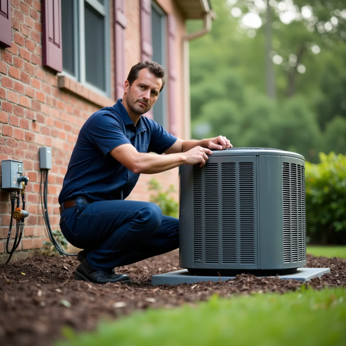 HVAC technician checking an outdoor AC condenser beside a brick-front colonial in Blue Bell, PA