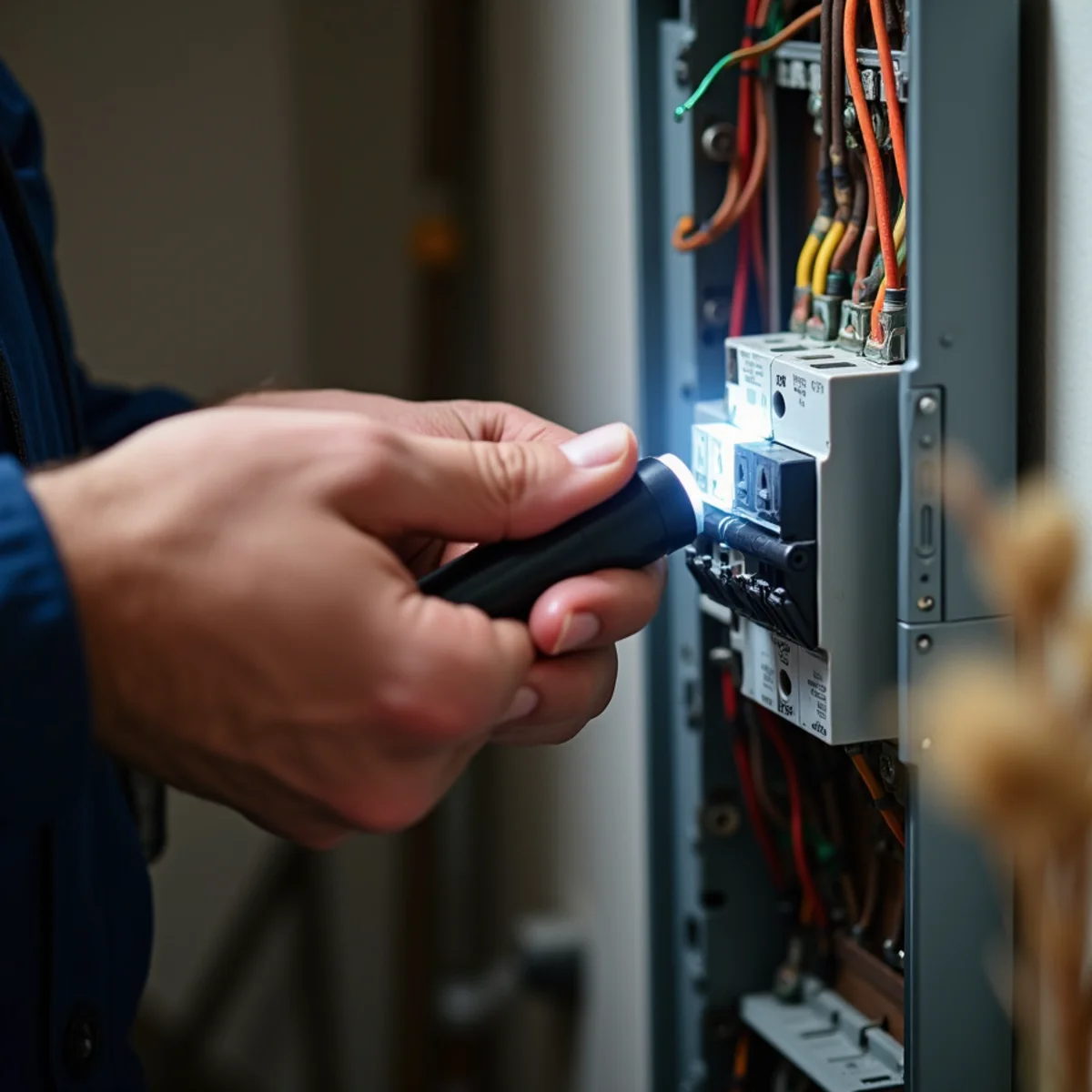 Breaker panel with the air conditioner breaker being checked in a suburban basement