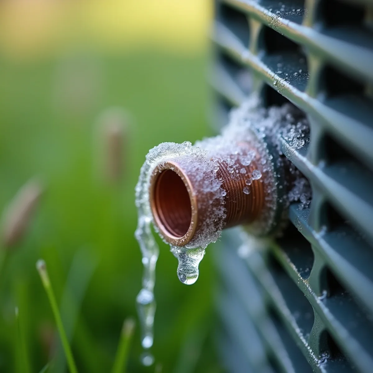Ice formed on the copper refrigerant line entering an outdoor AC unit