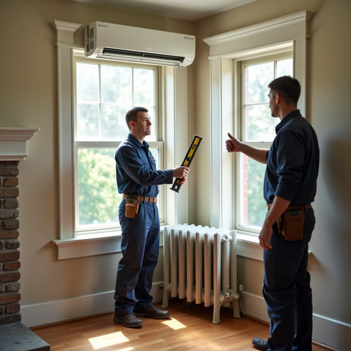 Ductless mini-split head above a cast-iron radiator in the living room of an older Glenside, PA twin