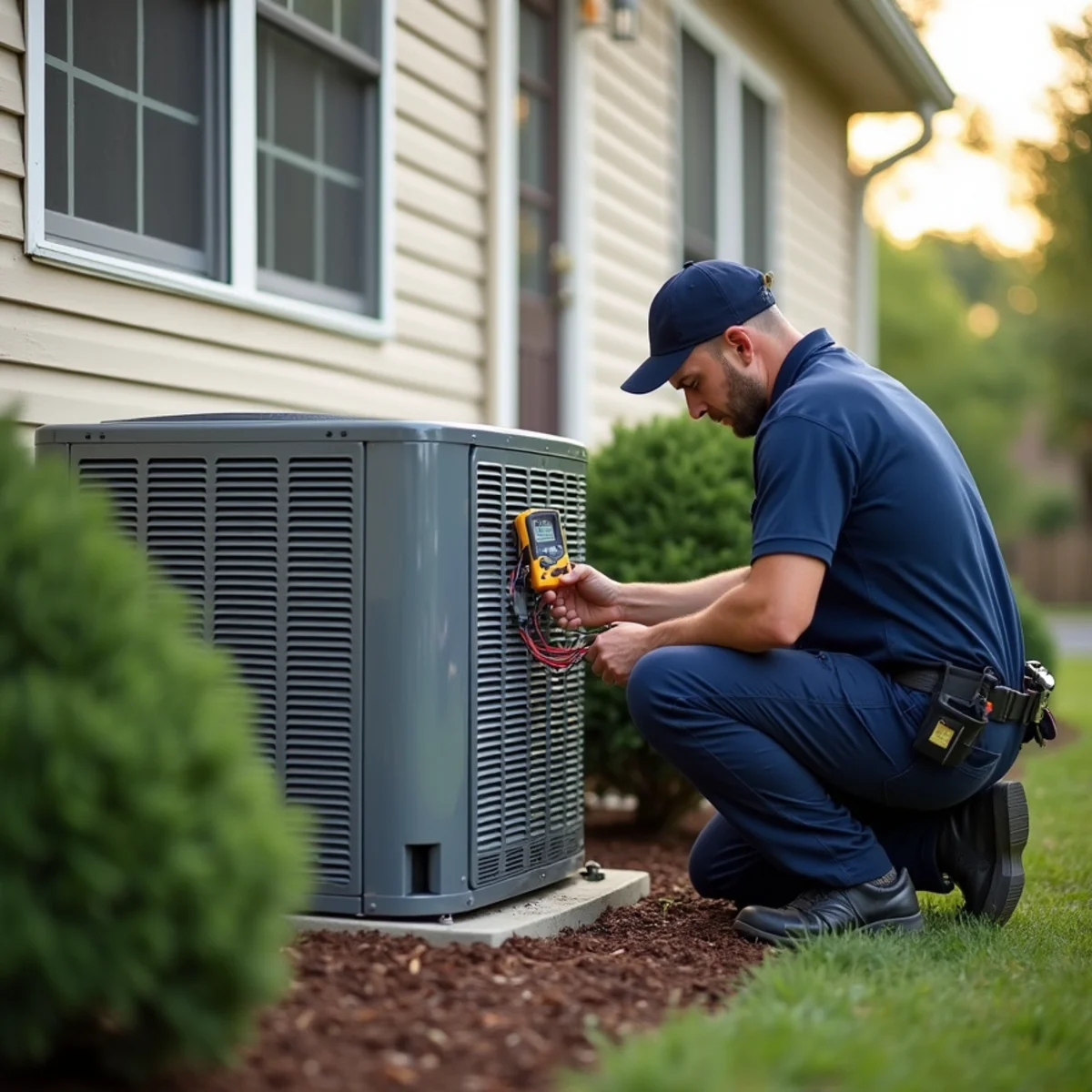 HVAC technician testing a capacitor at an outdoor AC condenser beside a Blue Bell, PA townhome