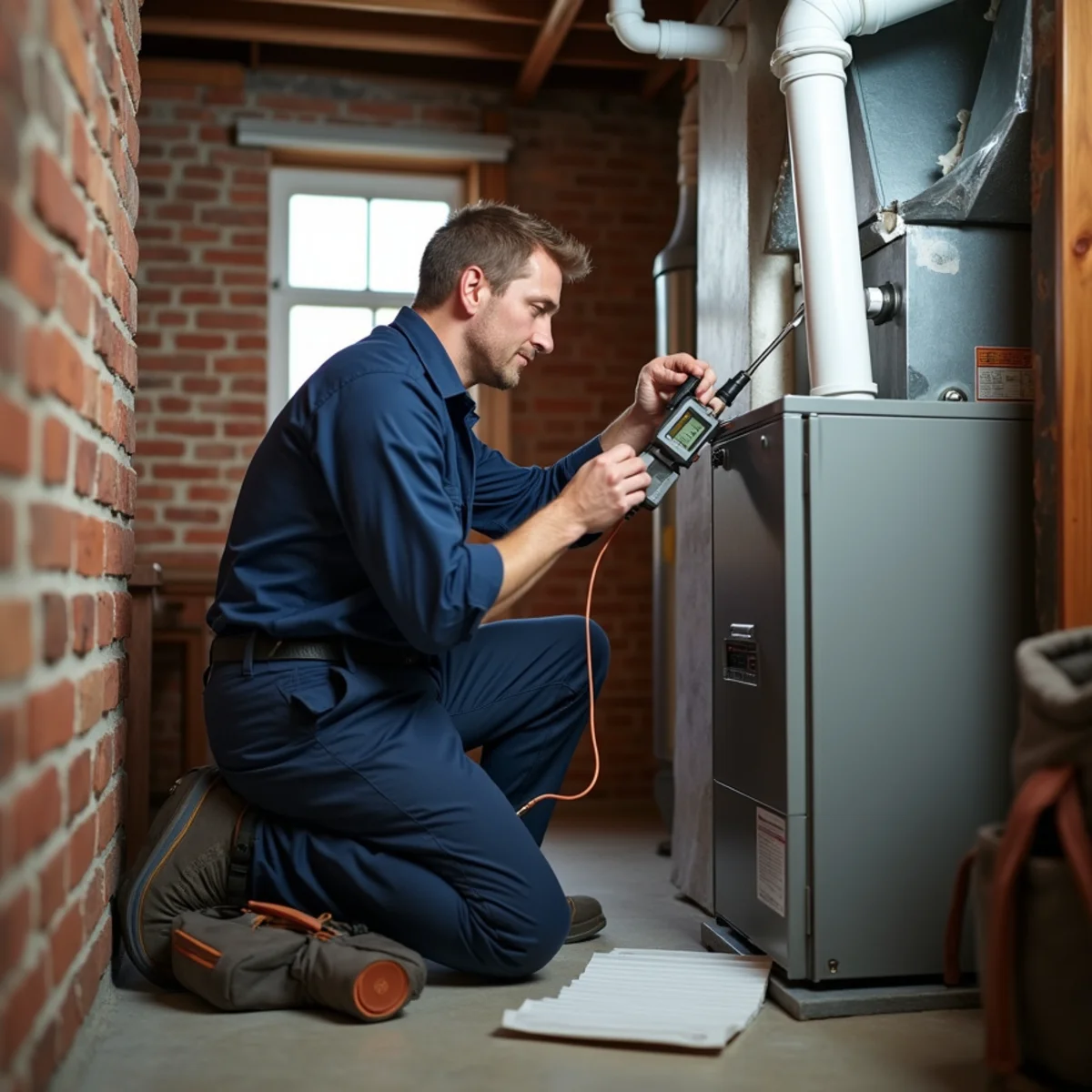 Technician testing a gas furnace with a combustion analyzer during a fall tune-up in a Blue Bell, PA basement