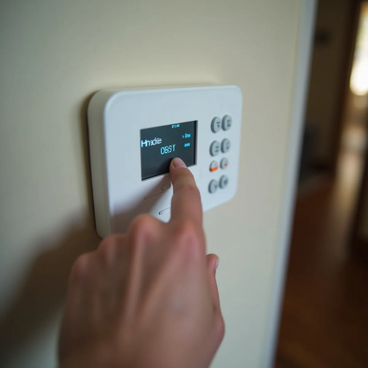 Homeowner checking that a digital thermostat is set to Heat during a no-heat call in a Blue Bell, PA home