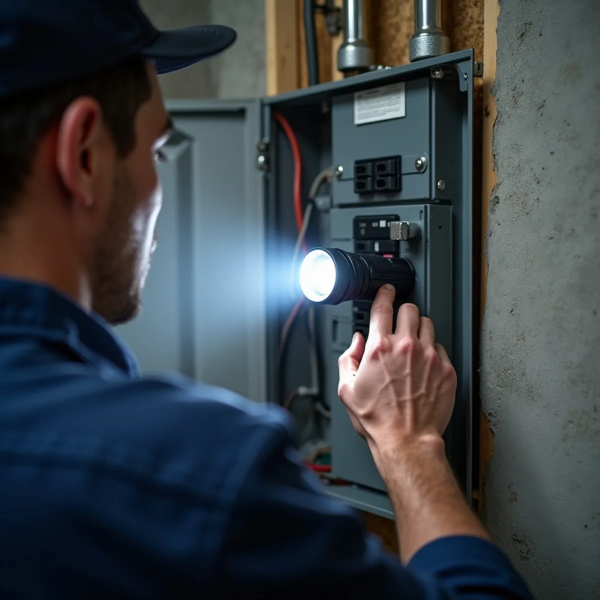 Residential breaker panel with the furnace breaker being checked in a Montgomery County, PA basement
