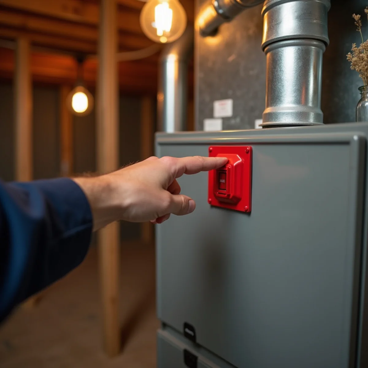 Red furnace service switch being flipped on beside a gas furnace in a basement
