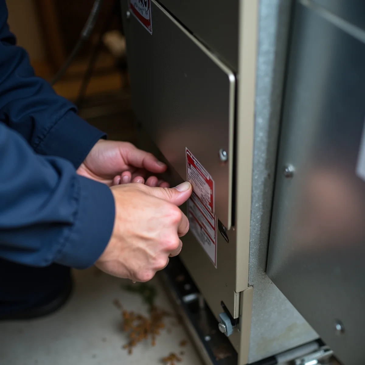 Homeowner pressing the blower door panel firmly into place on a gas furnace