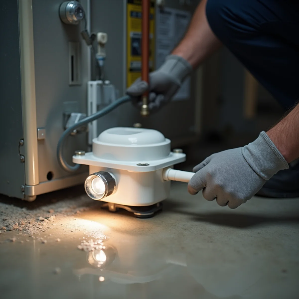 Condensate pump and water on the basement floor beside a high-efficiency furnace
