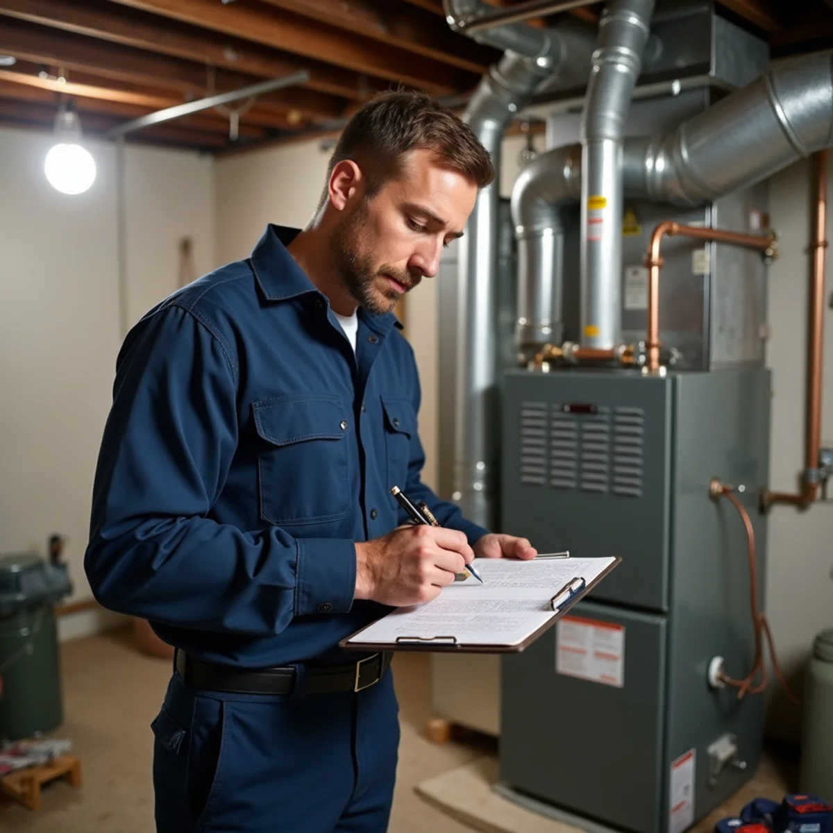 HVAC technician writing notes on a clipboard beside a furnace and air handler in a Montgomery County, PA basement
