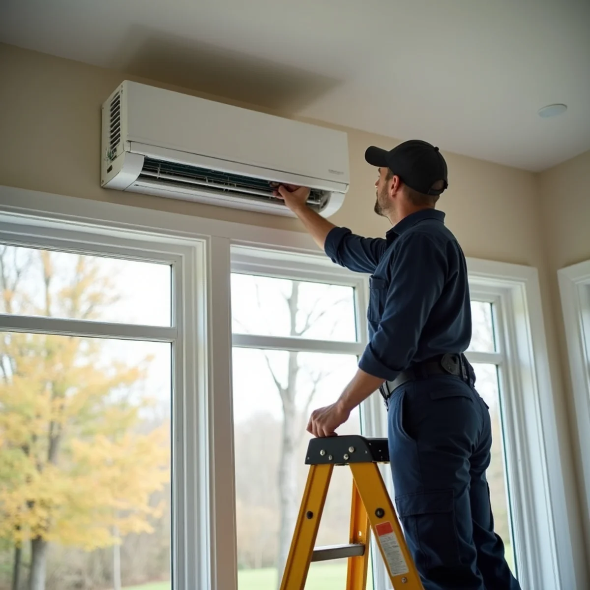 Wall-mounted ductless mini-split head in a sunroom addition of a Blue Bell, PA home