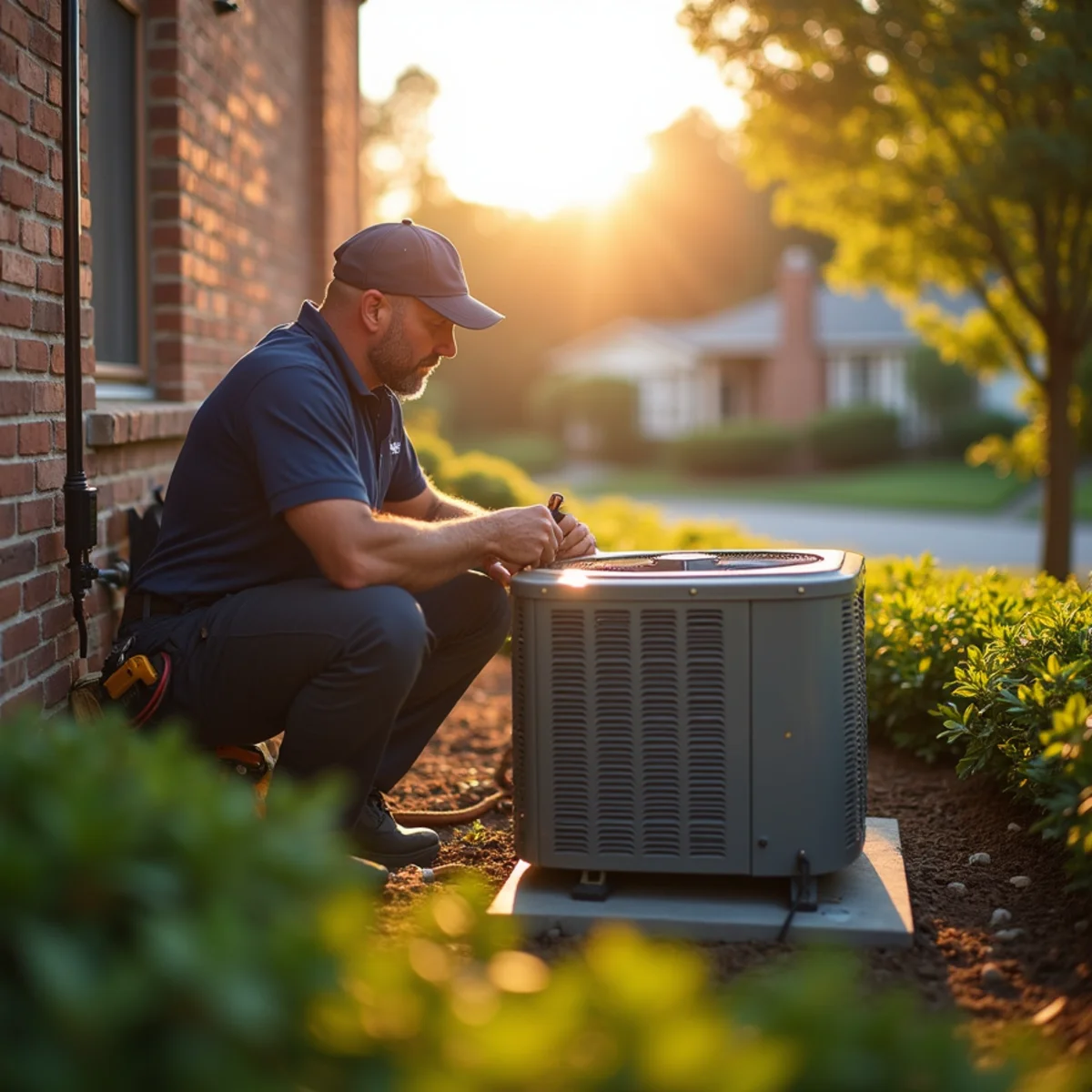 Technician repairing an outdoor AC condenser during a July heat wave in Blue Bell, PA