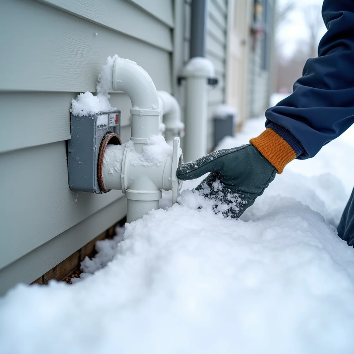 Snow piled around the PVC intake and exhaust pipes of a high-efficiency furnace on a Blue Bell, PA house