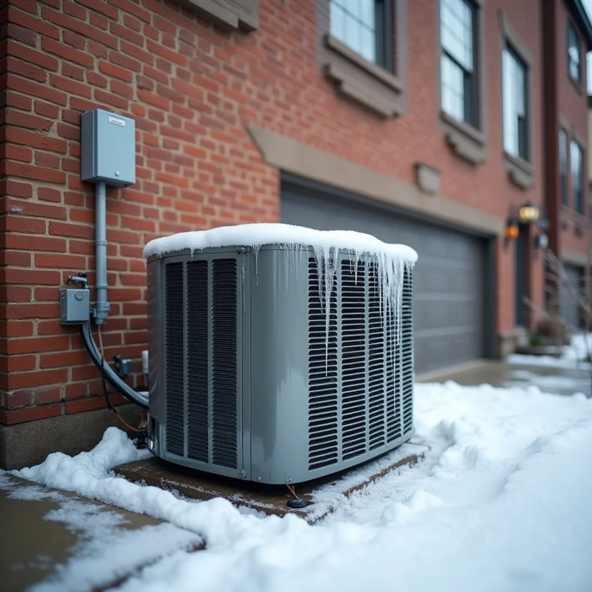 Heat pump outdoor unit encased in ice beside a Blue Bell, PA townhome in January