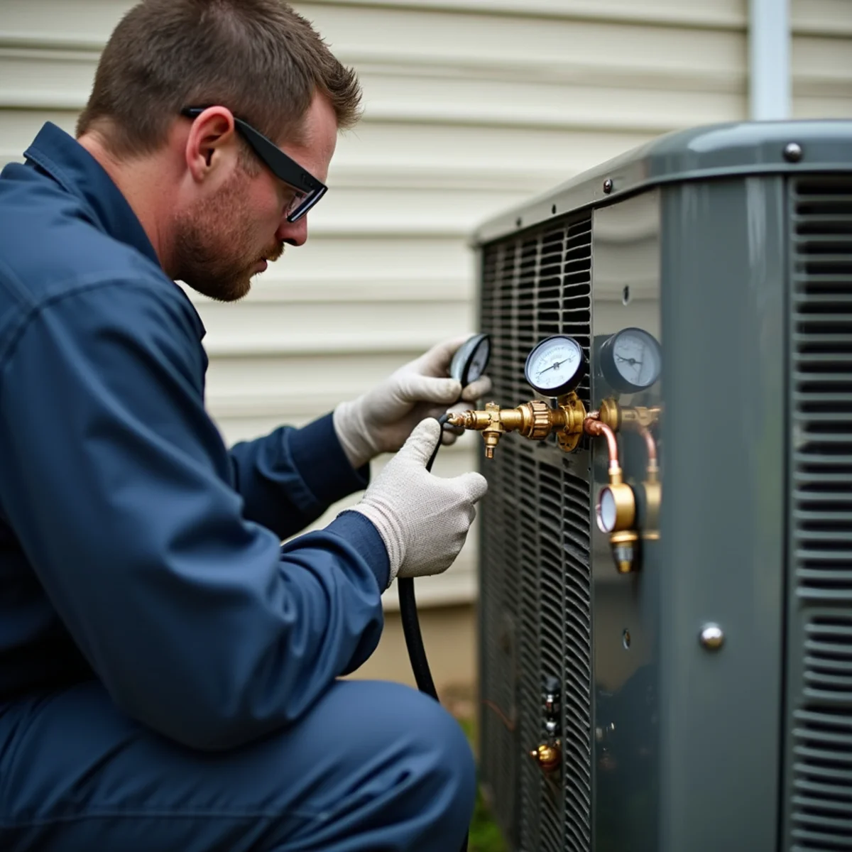 Installer connecting refrigerant gauges to a new outdoor condenser at a Blue Bell, PA home