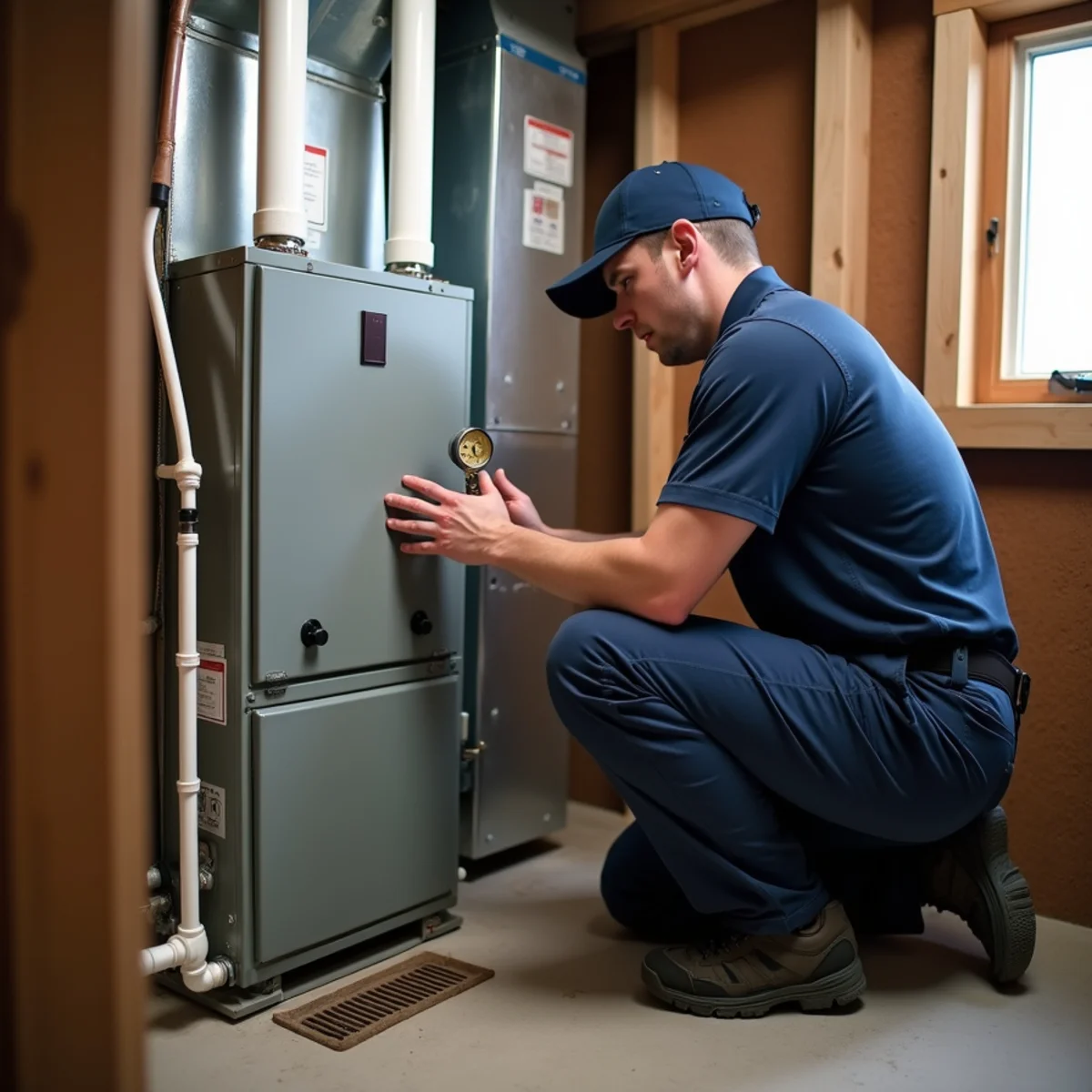 Technician checking a new high-efficiency gas furnace with white PVC vent pipes in a Whitpain Township basement