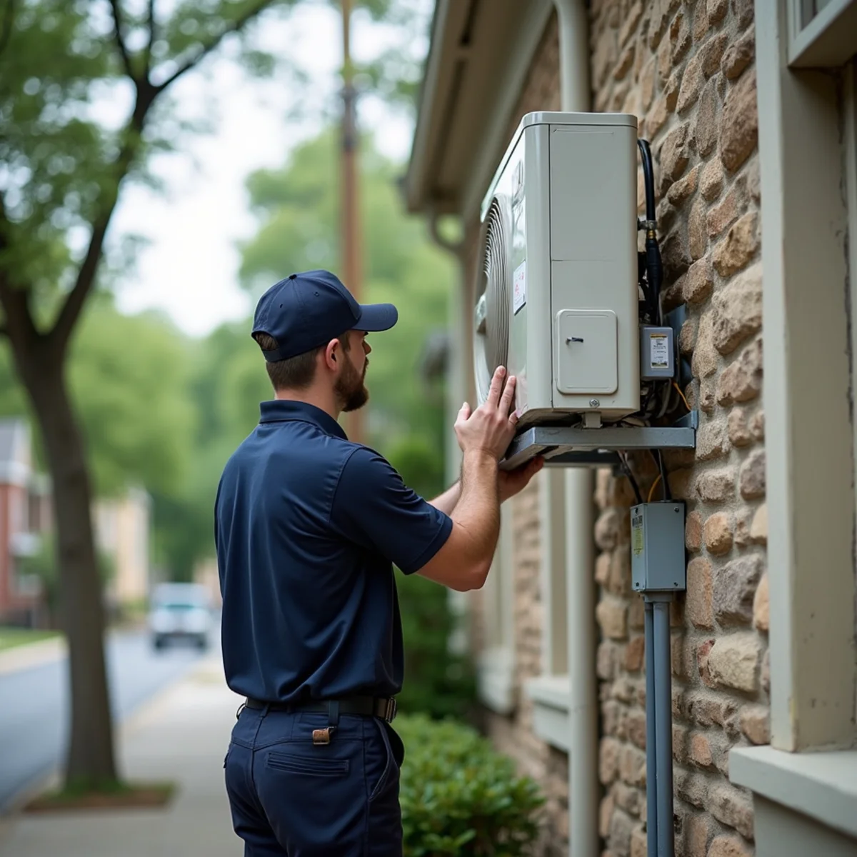 Technician servicing a ductless mini-split outdoor unit on the stone wall of a Glenside, PA home